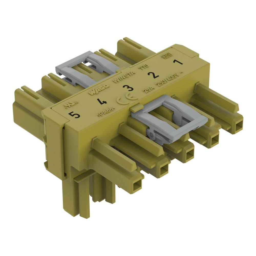 Ein gelber Kunststoff-Elektro-Terminalblock mit fünf nummerierten Anschlusspunkten und einem grauen Clip zur Befestigung von Drähten.