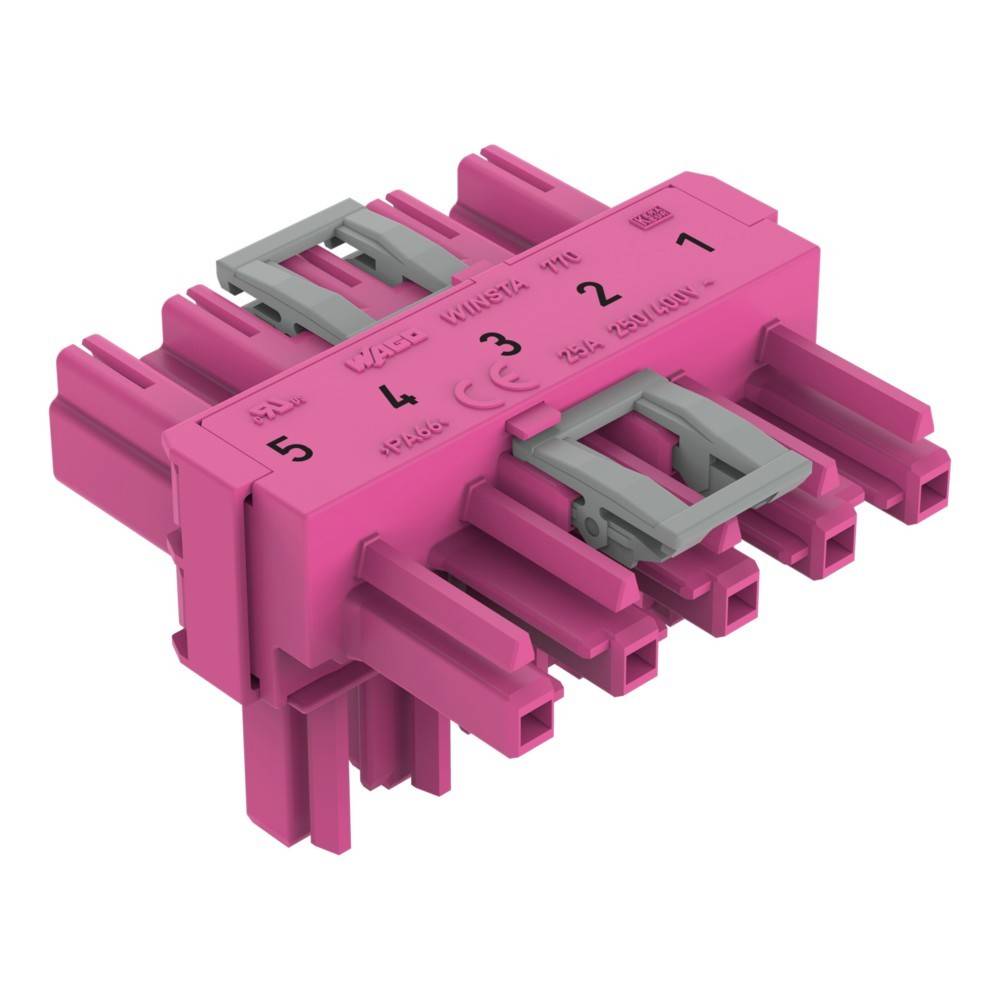 Rosafarbenes Elektrostecker mit sechs nummerierten Anschlüssen und grauen Verriegelungsclips, dargestellt auf weißem Hintergrund.
