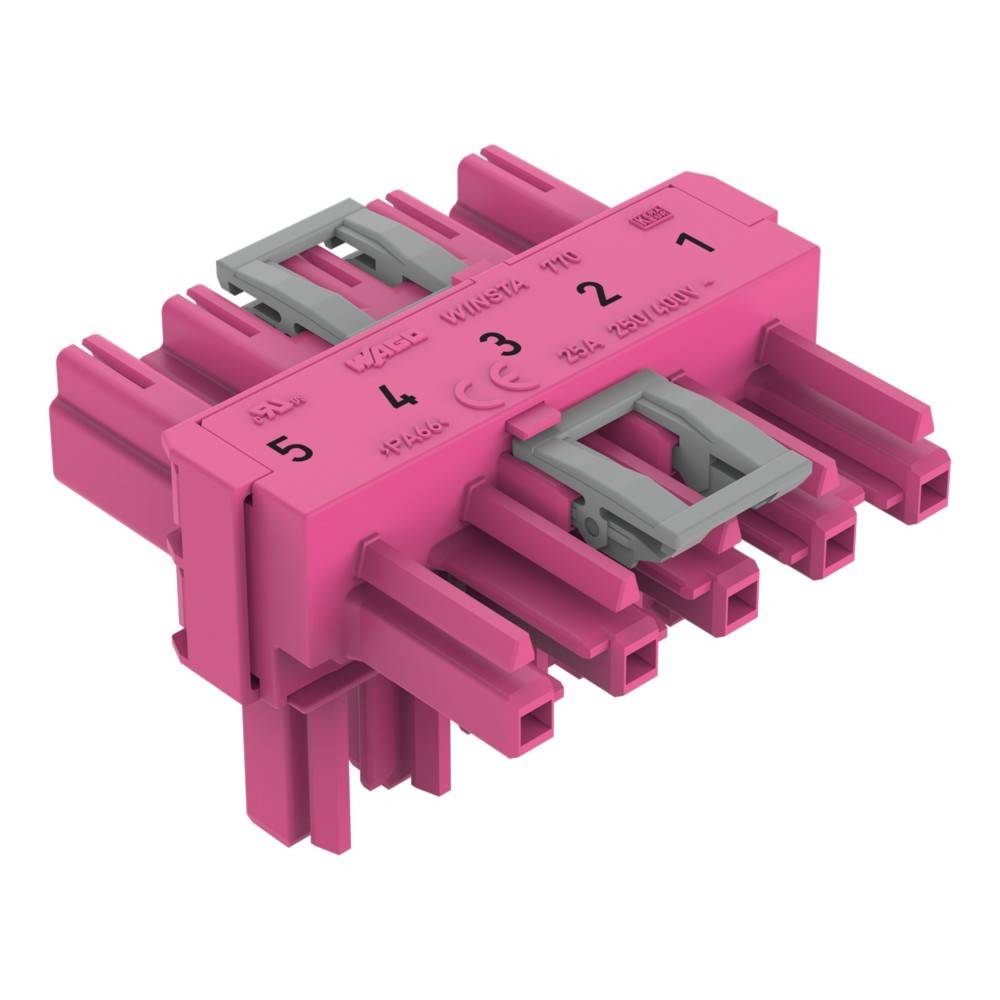 Rosa elektrischer Anschluss mit fünf Anschlüssen, von '1' bis '5' beschriftet. Oberseite mit 'MAX' und Sicherheitszertifizierungen gekennzeichnet. Graue Clips an der Oberseite.