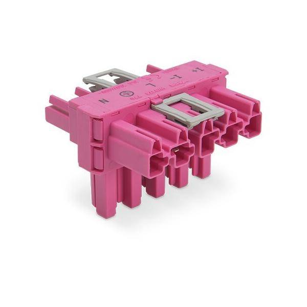 Rosa Elektrosteckverbinder mit mehreren Anschlüssen und Metallkontakten, dargestellt auf weißem Hintergrund.
