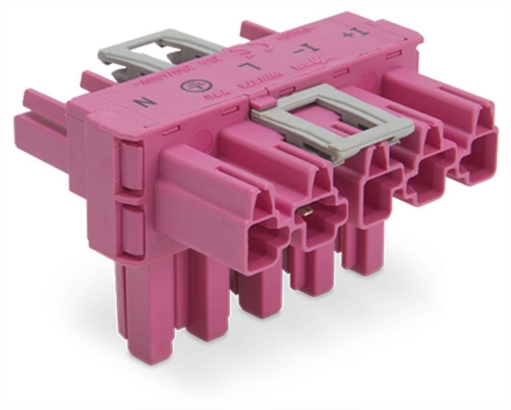 Ein rosa elektrischer Anschluss mit mehreren Schlitzen und beschrifteten Markierungen für die Verdrahtungskonfiguration.