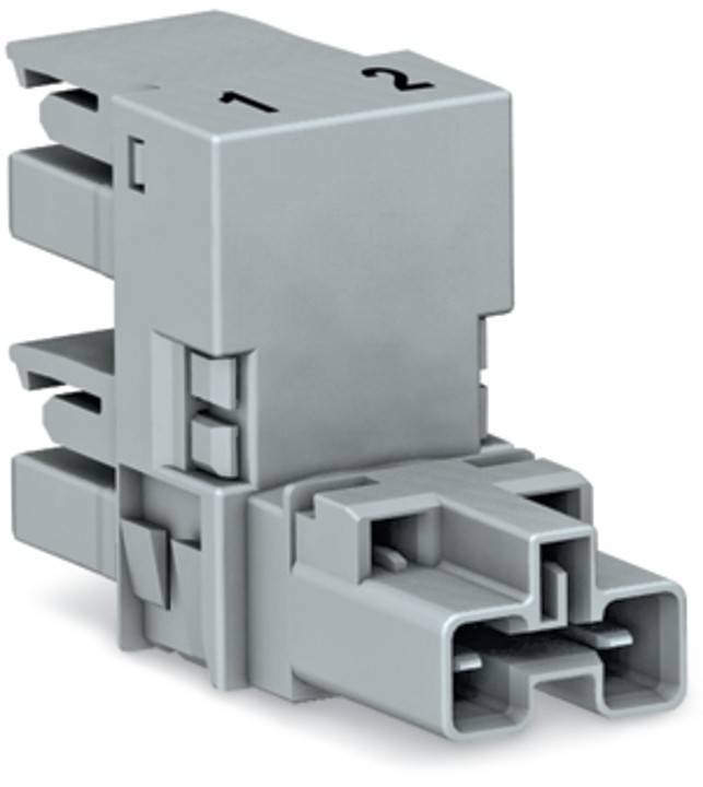 Ein grauer elektrischer Verbinder mit nummerierten Abschnitten '1' und '2', der mehrere Schlitze und ein rechteckiges Profil aufweist.