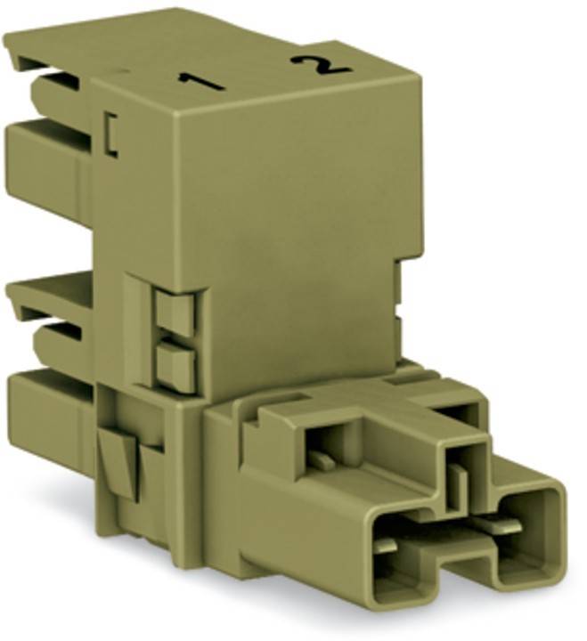 Ein beiger elektrischer Anschluss mit zwei Steckplätzen, die mit '1' und '2' beschriftet sind, entwickelt für sichere Kabelverbindungen in elektronischen Geräten.