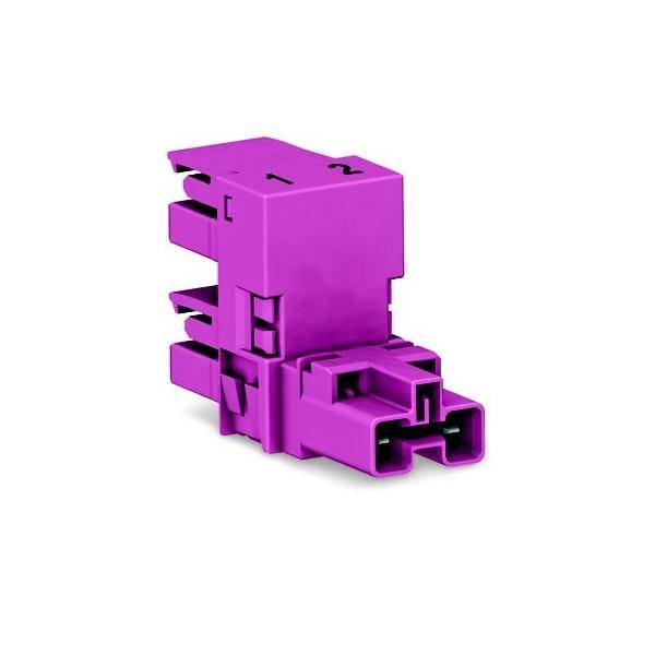 Violetter Automobilstecker mit zwei Kontakten auf weißem Hintergrund.