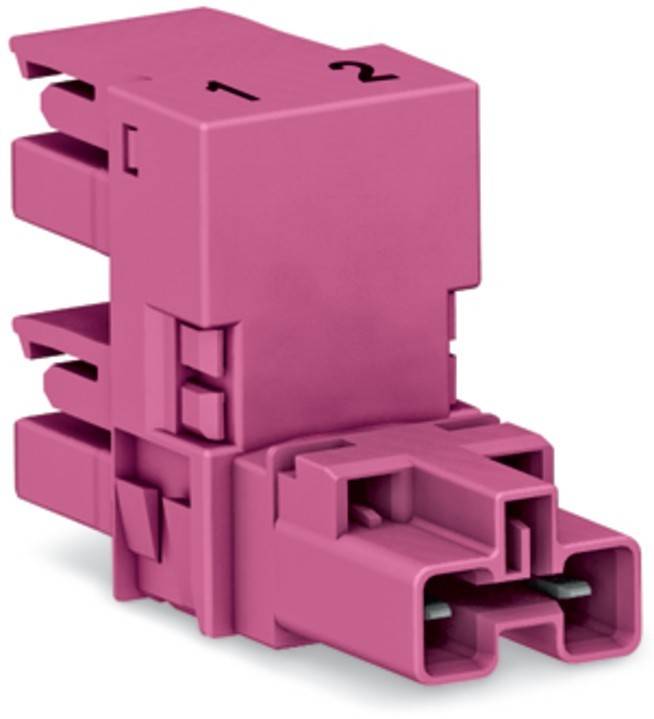 Lila elektrischer Verbinder mit mehreren Steckplätzen und den Zahlen '1' und '2' oben, verwendet für Verkabelung oder elektronische Verbindungen.