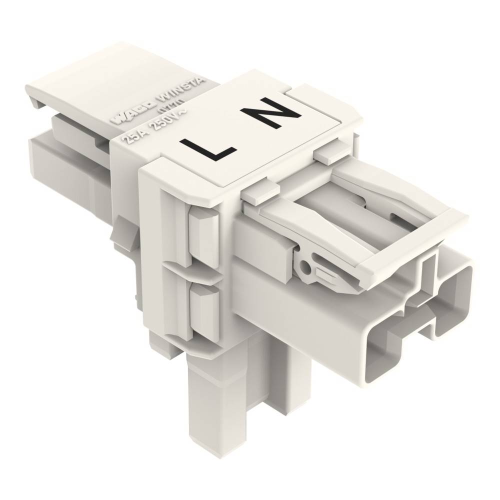 Ein weißer elektrischer Verbinder mit den Beschriftungen L und N, der für die Verkabelung verwendet wird und Eingabe- und Ausgangsklemmen zeigt.