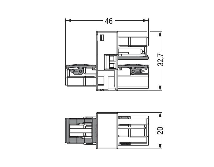 Diagramm einer mechanischen Komponente mit Abmessungen: 46 Einheiten lang, 32,7 Einheiten hoch und 20 Einheiten breit, mit detaillierten Seiten- und Frontansichten.