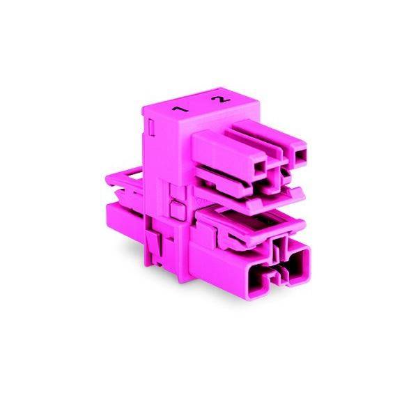 Rosa Elektrostecker mit mehreren Anschlüssen, beschriftet mit „1
