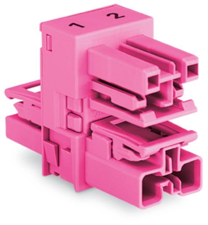 Ein rosa Plastikclip mit zwei nummerierten Teilen, '1' und '2', der entwickelt wurde, um Objekte oder Kabel sicher zu befestigen.