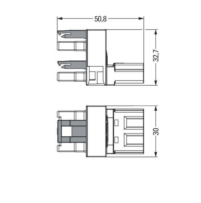 Technische Zeichnung eines elektrischen Steckers, die Seiten- und Draufsicht mit beschrifteten Abmessungen zeigt: 50,8 mm Länge, 32,7 mm und 30 mm Höhe.