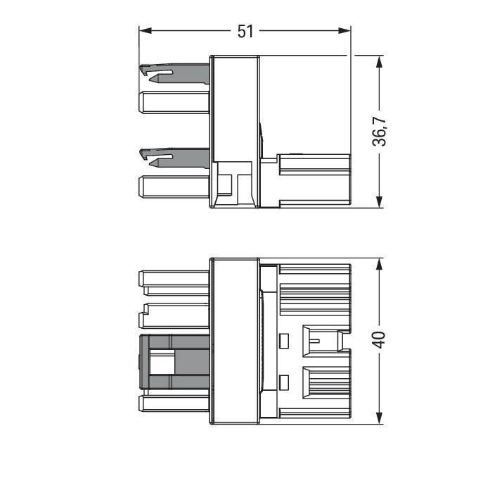 Technische Zeichnung eines Steckers mit Abmessungen: 51 mm lang, 36,7 mm hoch und 40 mm breit, mit Seiten- und Frontansicht.