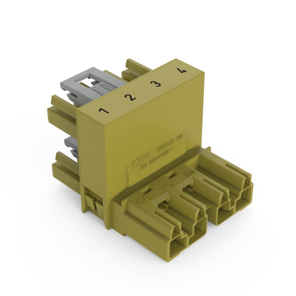 Eine gelbe elektrische Komponente mit vier nummerierten Abschnitten oben, die an verschiedenen braunen Anschlüssen an den Seiten angeschlossen ist.