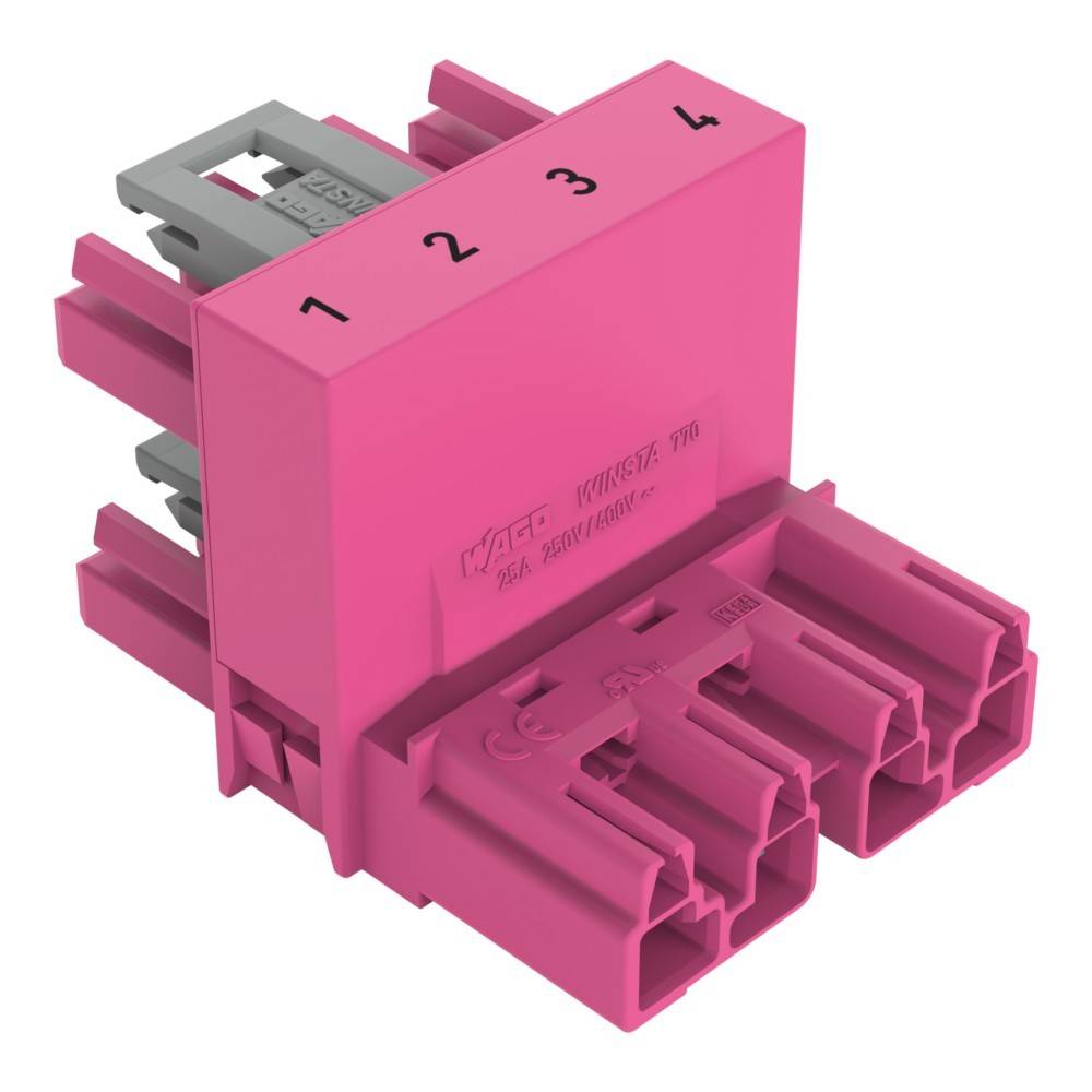 Ein rosa WAGO WINSTA Steckverbinder mit vier nummerierten Steckplätzen, ausgestattet mit einer komplexen Steckdesign für elektrische Installationen.