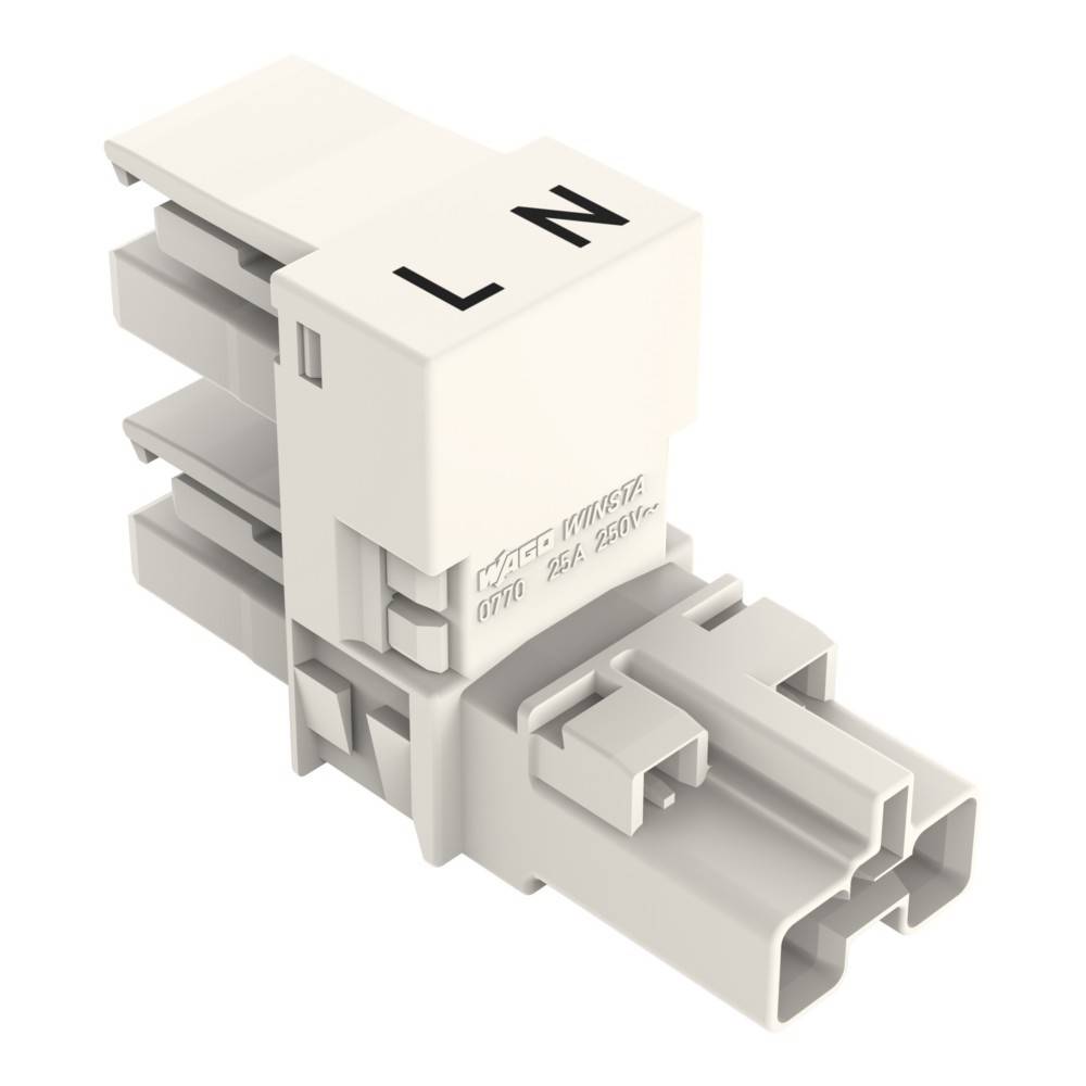 Ein weißer, rechteckiger elektrischer Stecker mit den Buchstaben 'L' und 'N' auf der Oberseite, die Phasen- und Neutralleiteranschlüsse kennzeichnen.