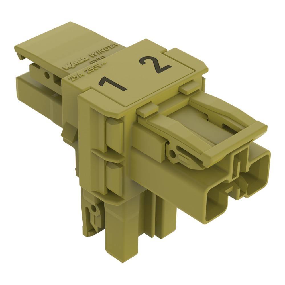 Ein grüner Kunststoffverbinder mit zwei Schlitzen, die mit '1' und '2' beschriftet sind. Er verfügt über komplexe Rillen und Merkmale zum Befestigen von Kabeln oder Komponenten.