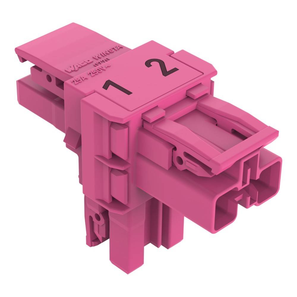 Ein rosa Kunststoff-Elektroverbinder mit den Ziffern '1' und '2' auf der Oberseite, ausgestattet mit mehreren Schlitzen für Leitungsanschlüsse.