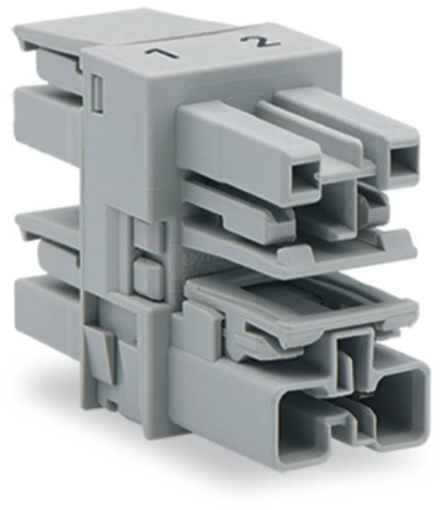 Ein grauer, mehrschichtiger modularer Steckverbinder mit zwei Anschlüssen, die mit '1' und '2' beschriftet sind, entwickelt für elektrische Verdrahtungsanwendungen.