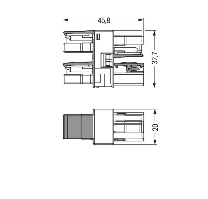Technische Zeichnung eines elektrischen Anschlusses mit Abmessungen: Breite 45,8 mm, Höhe 32,7 mm und Tiefe 20 mm.