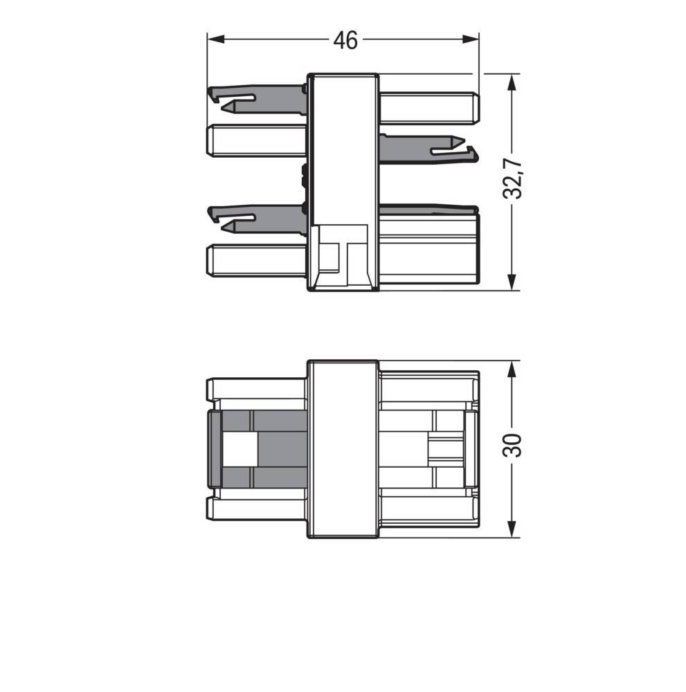 Technische Zeichnung einer elektrischen Komponente mit Abmessungen von 46x32,7x30 mm. Vorder- und Seitenansichten zeigen Konstruktionsdetails und Maßangaben.