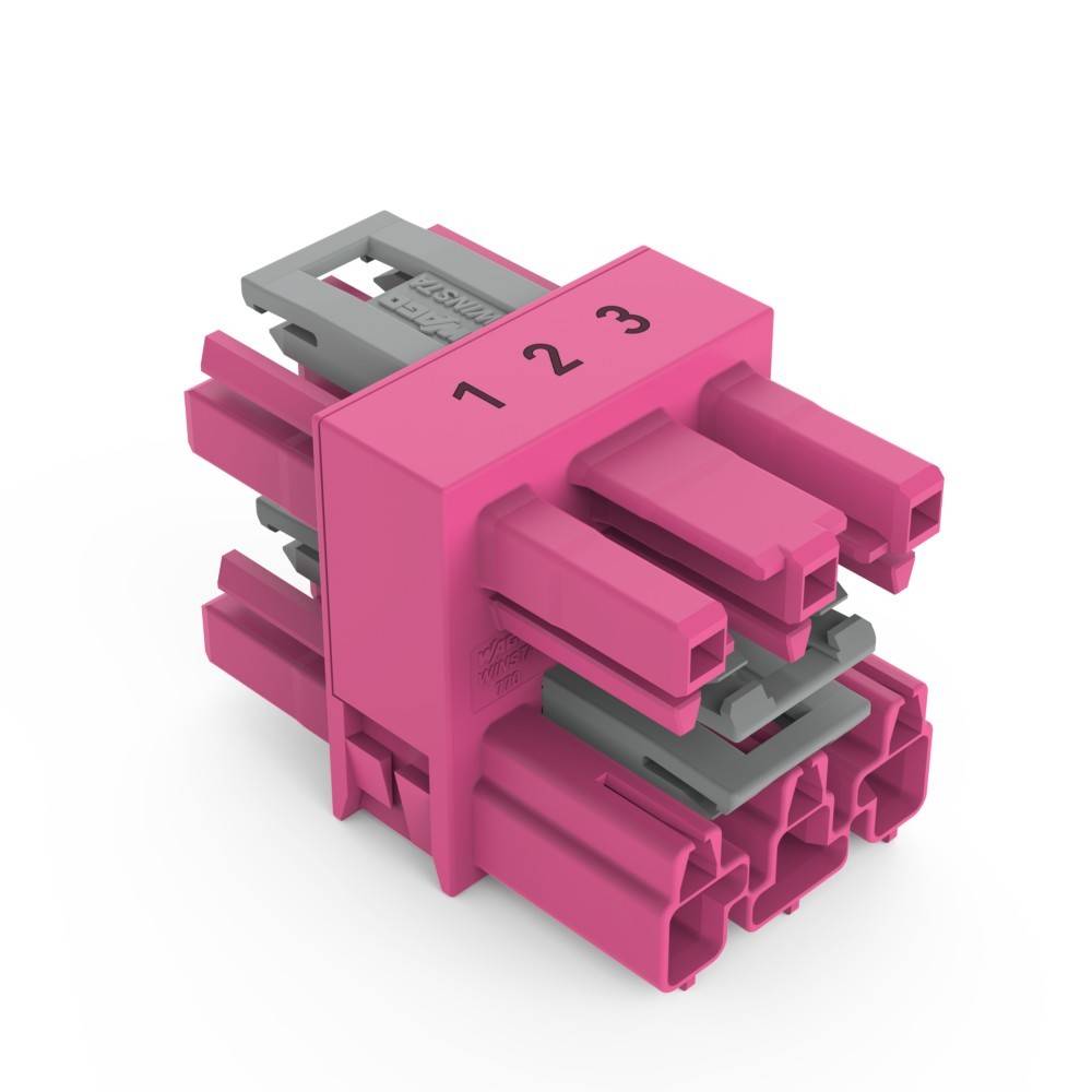 Ein rechteckiger rosa-grauer elektrischer Stecker mit drei beschrifteten Anschlüssen, die von 1 bis 3 nummeriert sind.