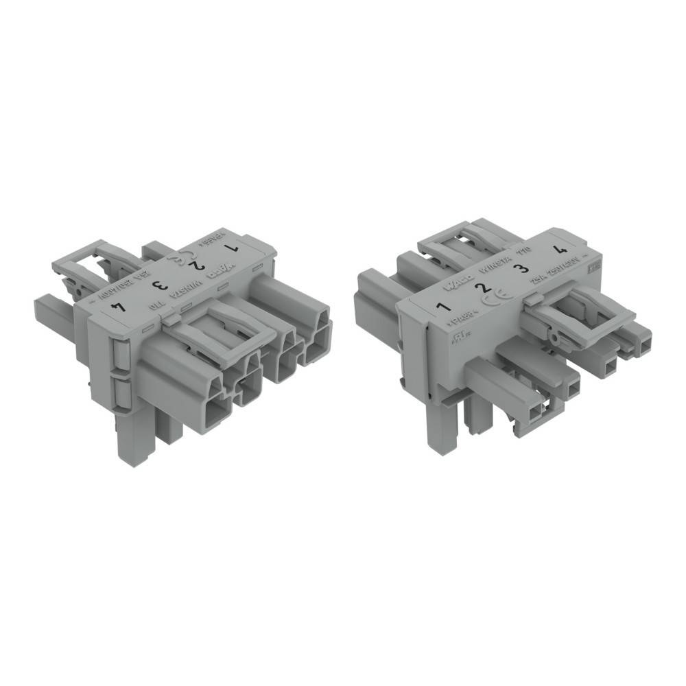 Zwei graue Elektrikstecker nebeneinander auf weißem Hintergrund gezeigt, jeder mit nummerierten Anschlüssen 1, 2 und 3 gekennzeichnet.