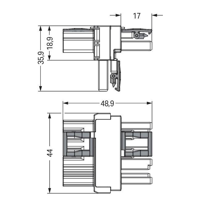Querschnittdiagramm einer elektrischen Komponente mit gekennzeichneten spezifischen Abmessungen: 35,9 mm, 17 mm, 48,9 mm und 44 mm.