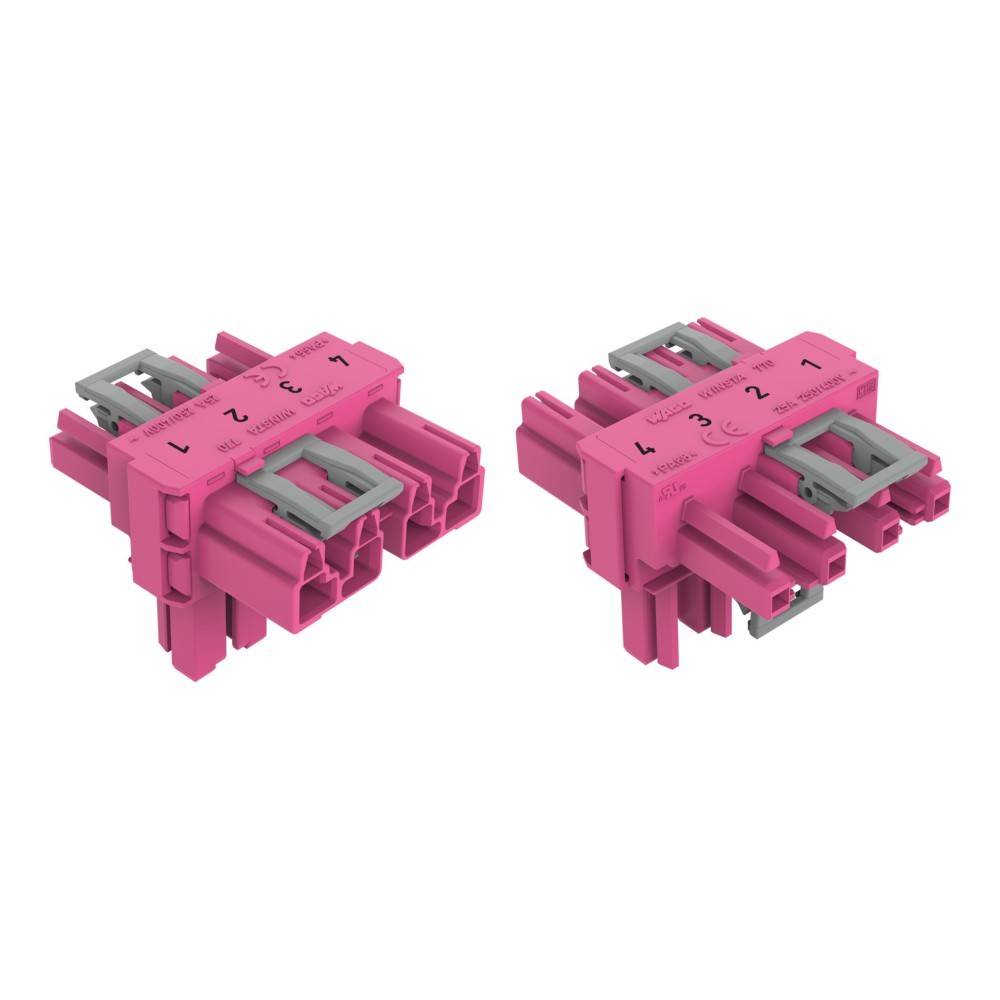 Zwei rosa elektrische Anschlüsse mit vier nummerierten Schlitzen, ausgestattet mit grauen Clips zum Befestigen. Verwendet zum Kabelverbinden in Geräten.