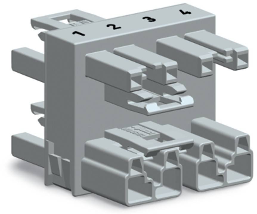 Eine 3D-Darstellung eines Kunststoff-Elektroverbinders mit vier nummerierten Schlitzen oben, ausgestattet mit mehreren Pins, die für elektronische Komponenten konzipiert sind.