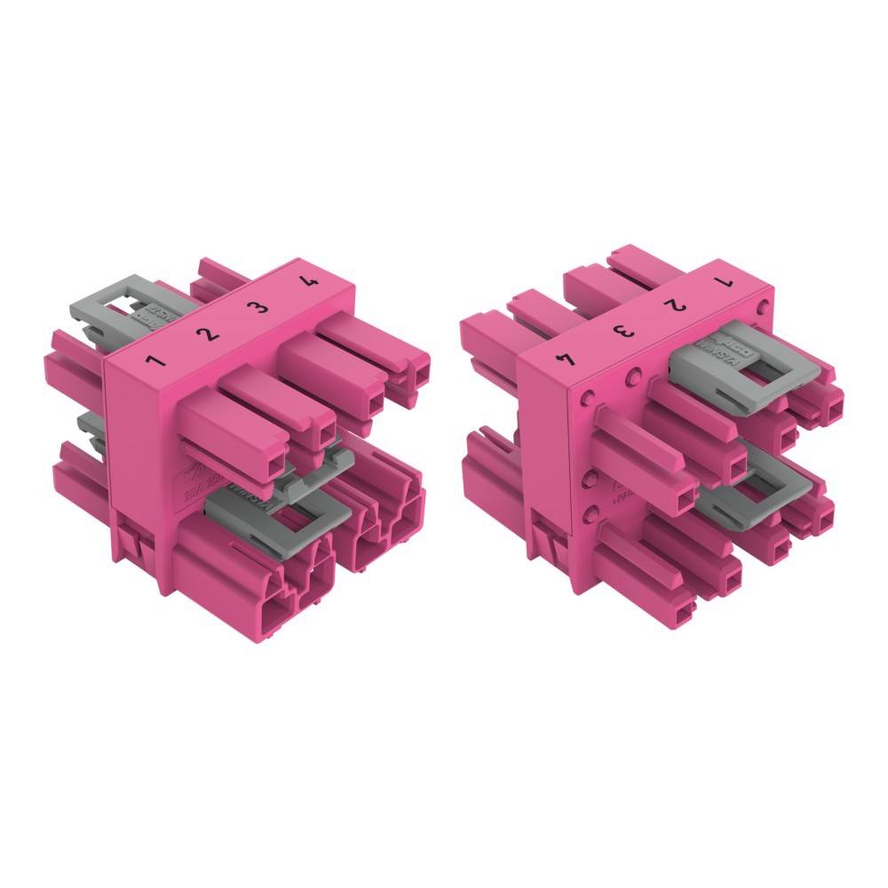 Rosa 3-Wege-Elektro-Verbindungsblöcke mit eingeprägten Zahlen von 1 bis 4, aus zwei Blickwinkeln dargestellt. Verwendet zum Organisieren und Verbinden von Kabeln.