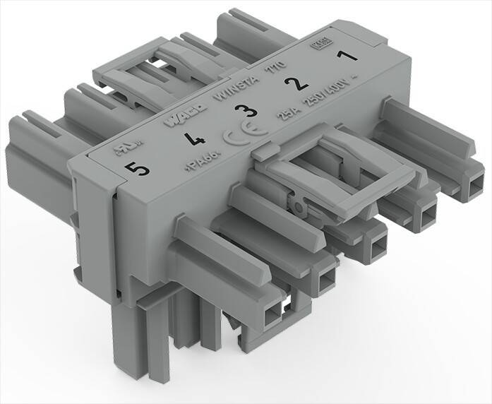 Grauer fünfpoliger Steckverbinder mit den Anschlüssen 1 bis 5, dargestellt in einer 3D-Produktansicht auf weißem Hintergrund.