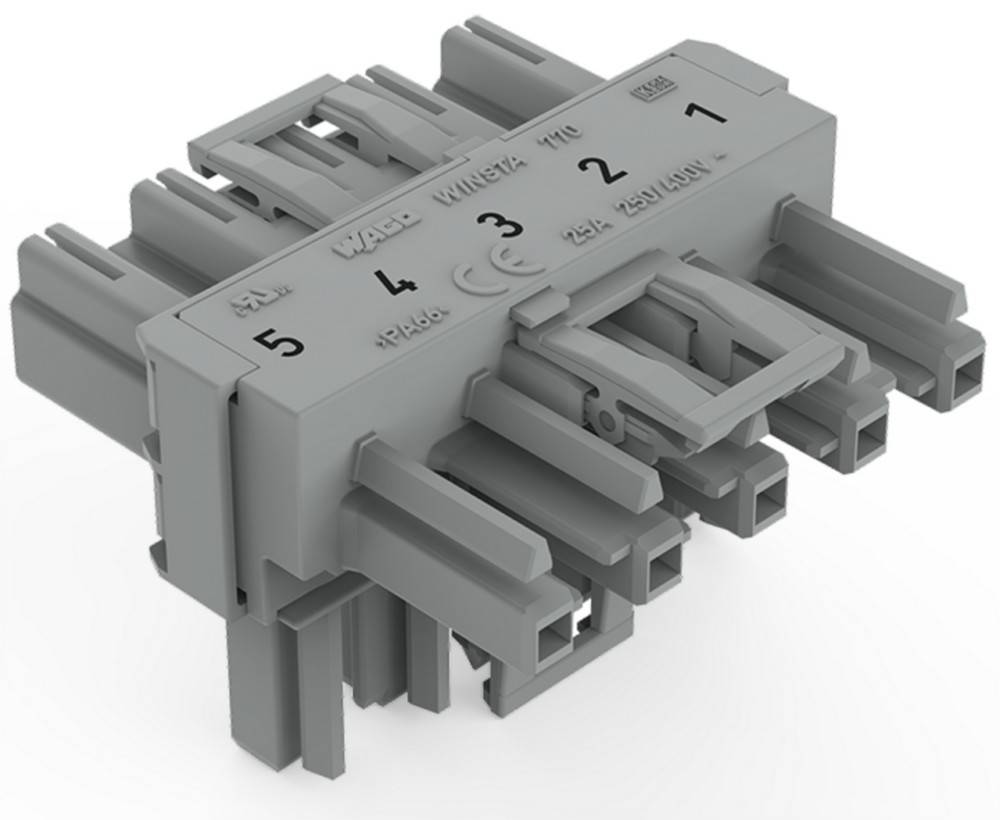 Ein grauer WAGO WINSTA 110 elektrischer Verbinder mit beschrifteten Zahlen von 1 bis 5 und technischen Spezifikationen für Spannungsklasse und Zertifizierung.