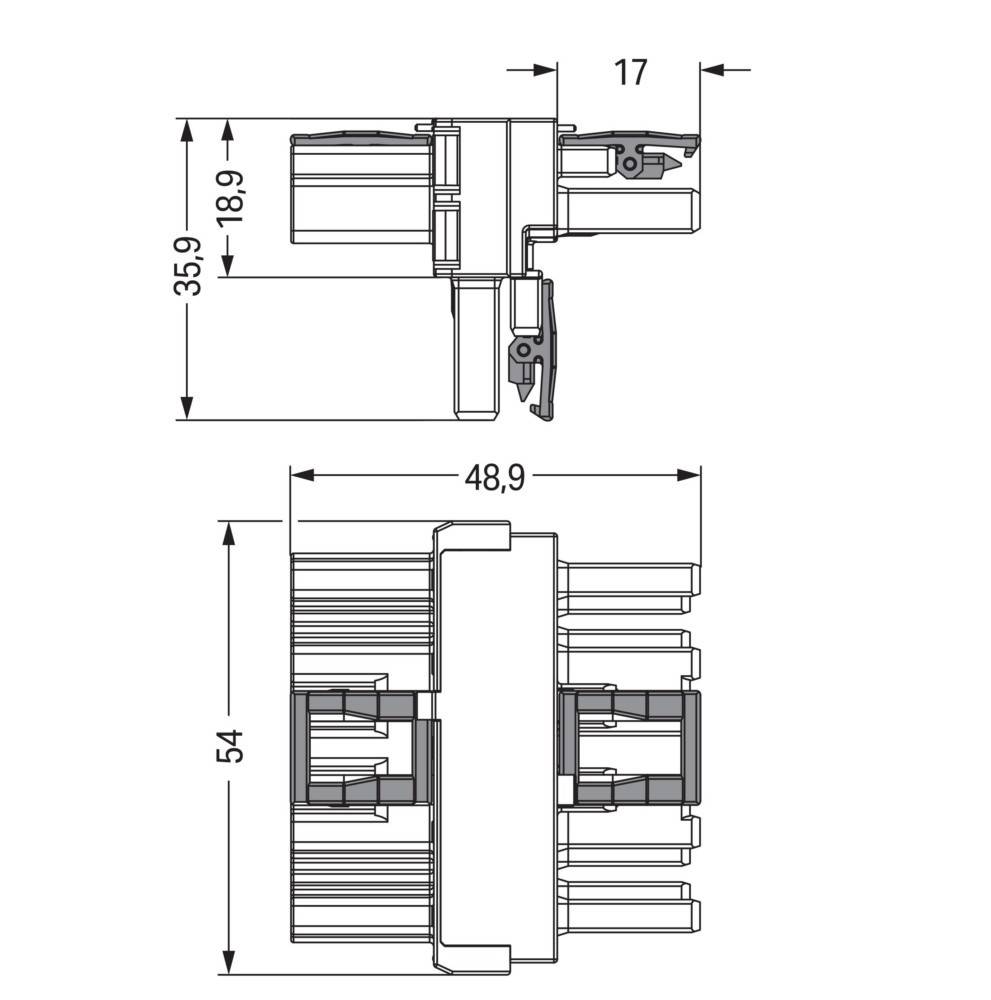 Technische Zeichnung einer elektrischen Komponente mit Abmessungen: 54 bei 48,9 Einheiten und kleinere Abschnitte bei 35,9 und 17 Einheiten.