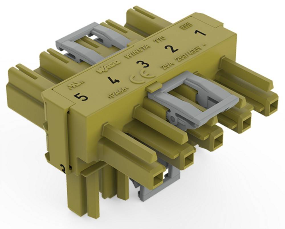 Ein gelber elektrischer Anschlussblock mit der Beschriftung 'WAGO 2 3 4 5', ausgestattet mit mehreren Anschlüssen für Kabelverbindungen und einem Verschließmechanismus.