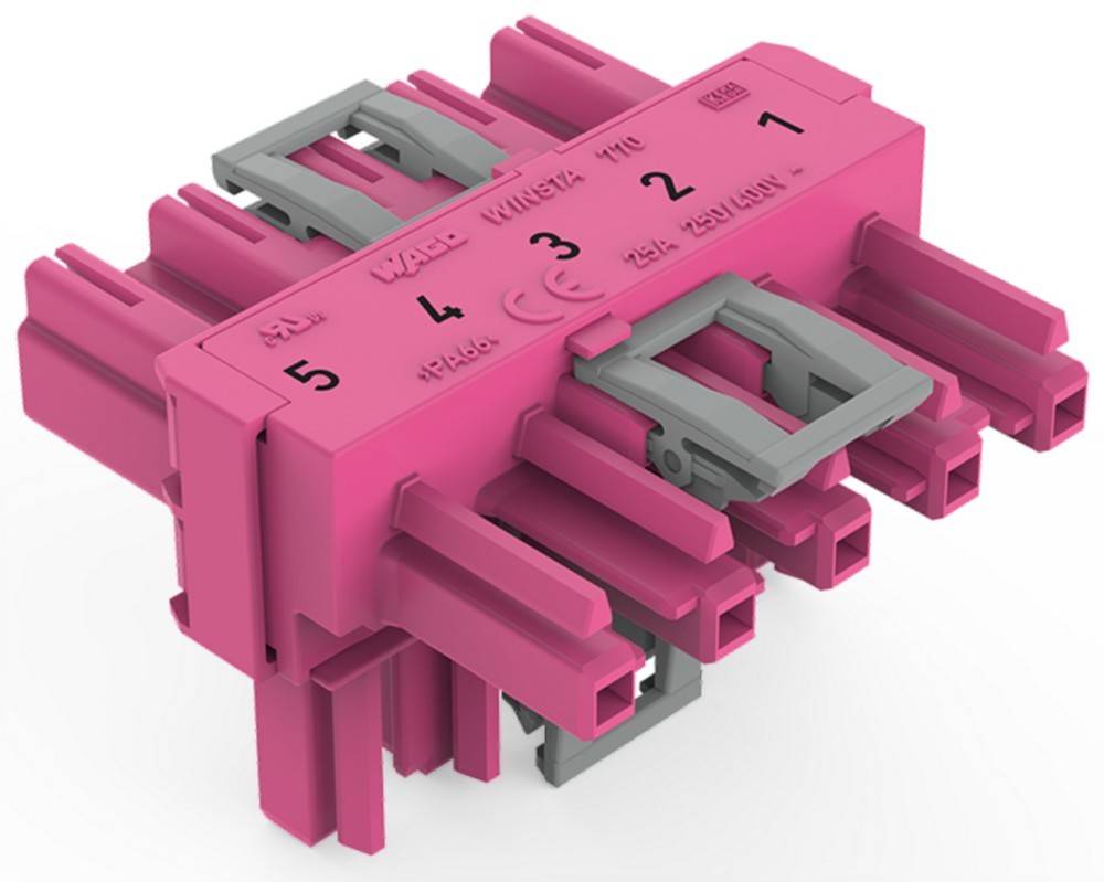 Ein rosa elektrischer Anschluss mit beschrifteten Anschlüssen von 1 bis 5. Er enthält Produktspezifikationen wie ‚WAGO', ‚MINI ETA' und ‚125V/100V'.