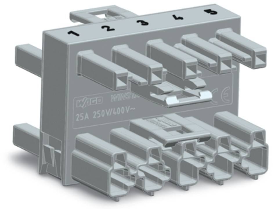 Ein grauer elektrischer Verbinder mit fünf Steckplätzen, von 1 bis 5 nummeriert, ist abgebildet. Er trägt die Markierung und Spezifikationen: 'WAGO 25A 250V/400V~'.