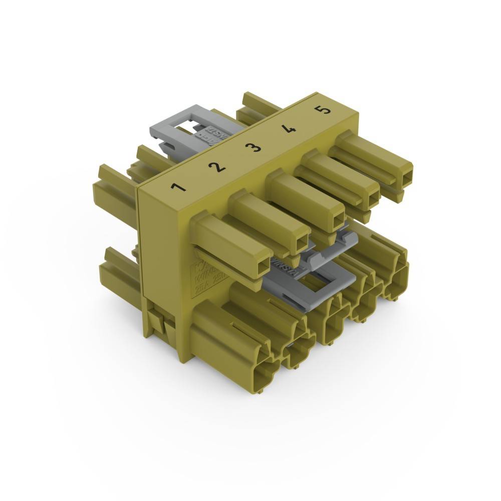 Ein würfelförmiger gelber elektrischer Anschluss mit fünf nummerierten Steckplätzen auf der Oberseite, der zum sicheren Organisieren und Verbinden mehrerer Kabel entwickelt wurde.