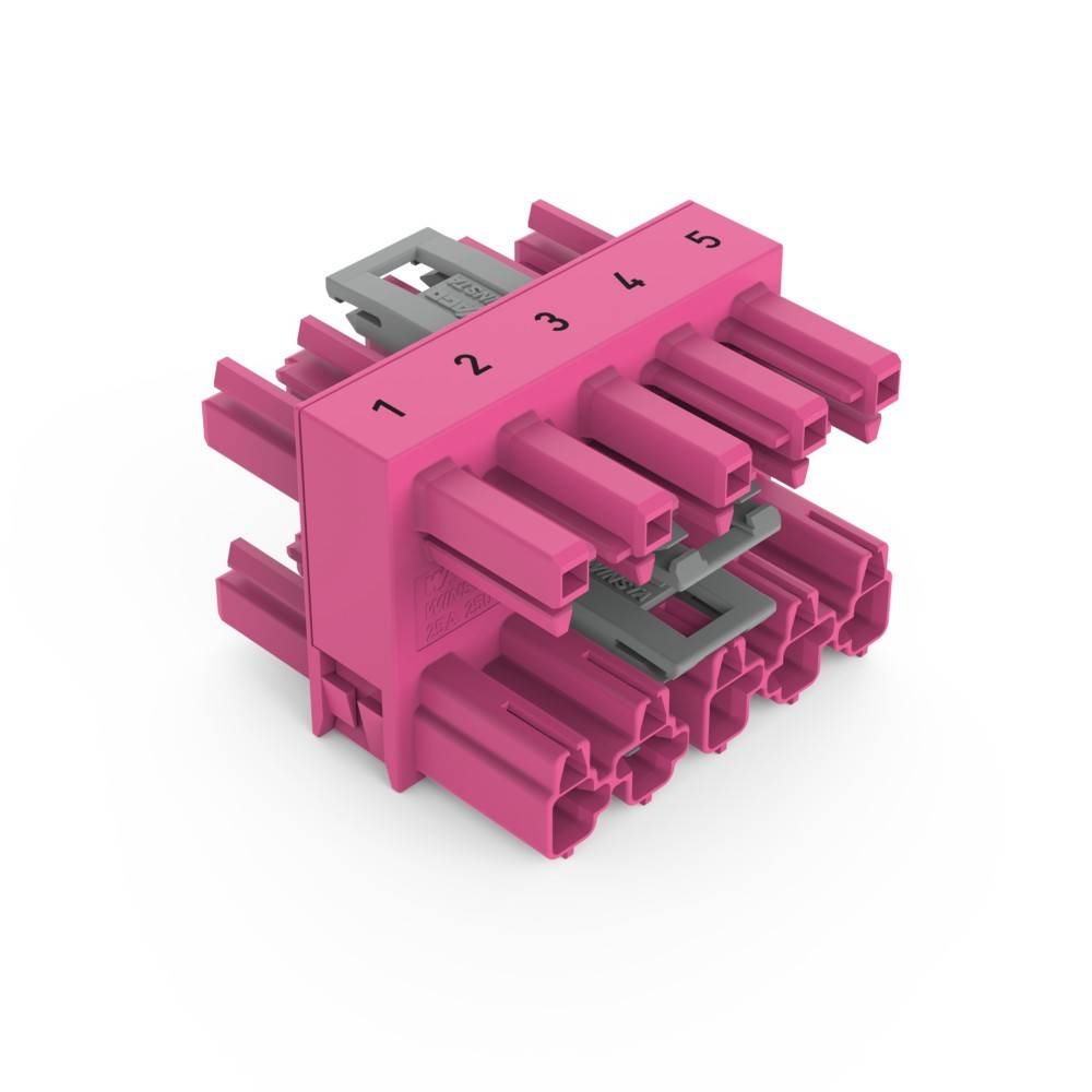 Ein rosa Elektroanschlussblock mit fünf nummerierten Steckplätzen, der zum Organisieren und Sichern mehrerer Kabel konzipiert ist.