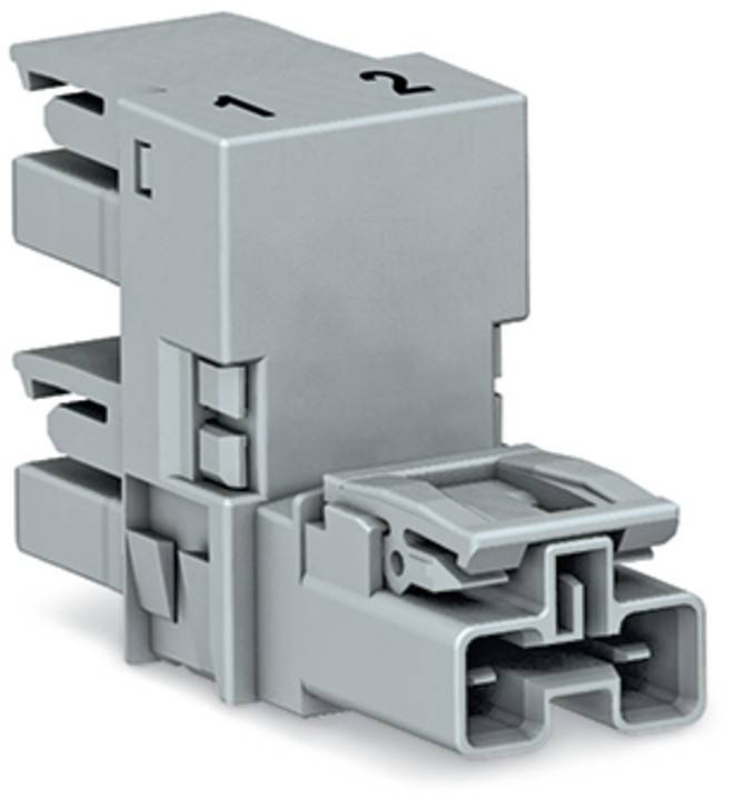 Ein grauer elektrischer Verbinder mit beschrifteten Anschlüssen '1' und '2', der für Leiterplatteninstallationen konzipiert ist.