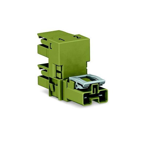 Grüner Elektrostecker mit Verriegelungsclip, isoliert auf weißem Hintergrund dargestellt.
