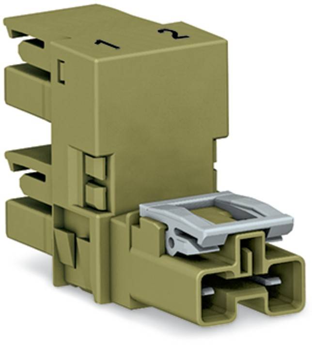 Ein brauner elektrischer Steckverbinder mit einem Verriegelungsmechanismus und mit den Nummern '1' und '2' beschriftet, der für sichere Kabelverbindungen verwendet wird.