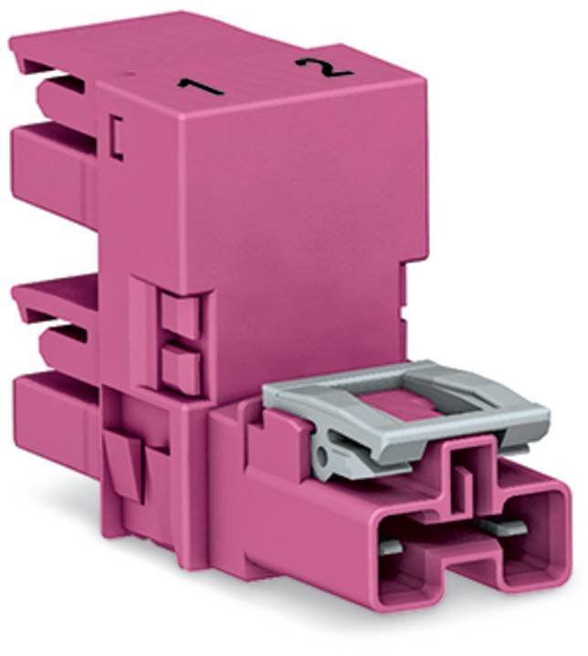 Ein rosa elektrischer Verbinder mit zwei Schlitzen, beschriftet mit ‚1' und ‚2', mit einem grauen Verschlussmechanismus, verwendet für sichere Kabelverbindungen.