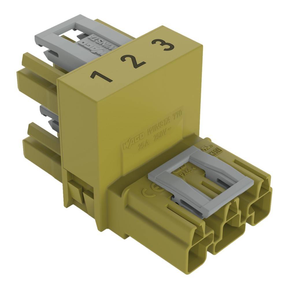 Ein gelber elektrischer Anschlussblock mit den Beschriftungen '1', '2' und '3', der drei graue Schlitze für Drahtverbindungen aufweist und für einen sicheren Verdrahtungsaufbau konzipiert ist.