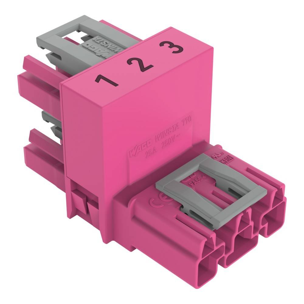 Ein rosa Elektroverbinder, der oben mit '1', '2', '3' beschriftet ist. Er verfügt über mehrere Schlitze und ist für Drahtverbindungen konzipiert.