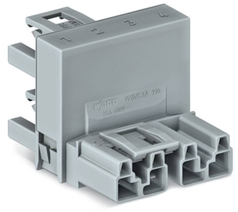 Ein grauer elektrischer Anschluss mit beschrifteten Schlitzen von 1 bis 4. Der Anschluss ist für sichere Drahtverbindungen konzipiert und zeigt präzisionstechnische Fertigung.