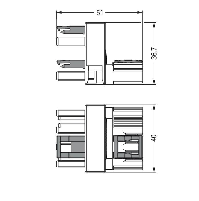 Technische Zeichnung eines zweiteiligen elektronischen Verbindungsstücks, beschriftet mit Maßen: 51 mm Breite, 36,7 mm Höhe für die Draufsicht und 40 mm für die Seitenansicht.