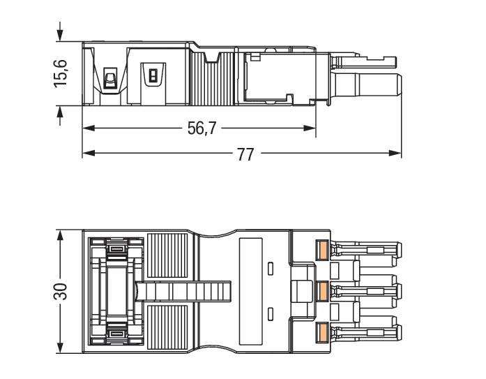 Technische Zeichnung eines elektrischen Anschlusses mit Abmessungen: 56,7 mm x 15,6 mm in der Draufsicht; 77 mm x 30 mm in der Seitenansicht.