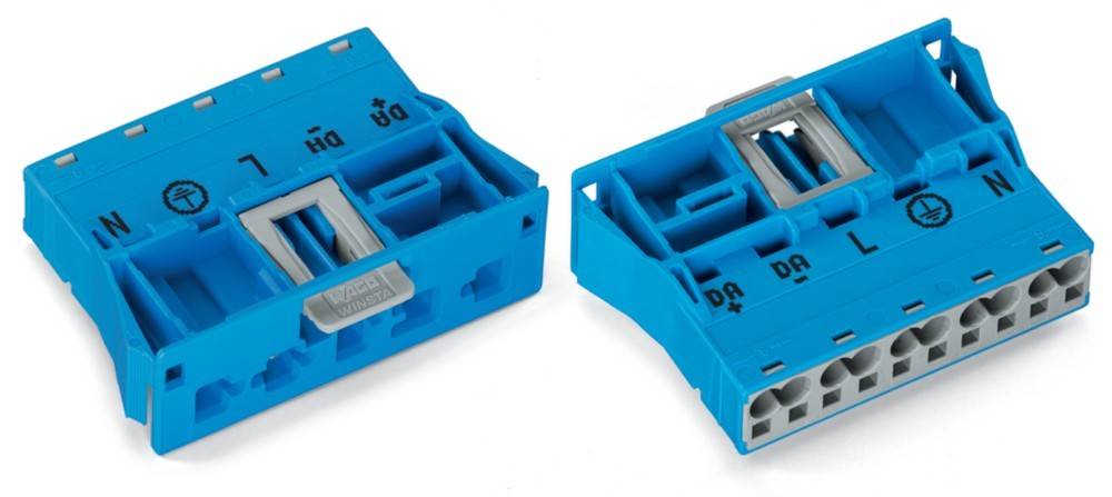 Zwei blaue elektrische Anschlüsse mit mehreren Schlitzen und beschrifteten Abschnitten.