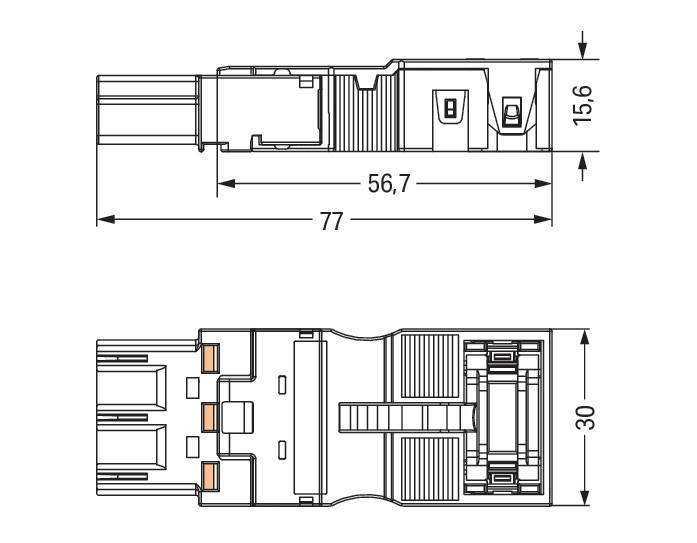 Technische Zeichnung eines elektrischen Verbinders mit Abmessungen: Länge 77 mm, Breite 30 mm, Höhe 15,6 mm und einer Bauteilänge von 56,7 mm.