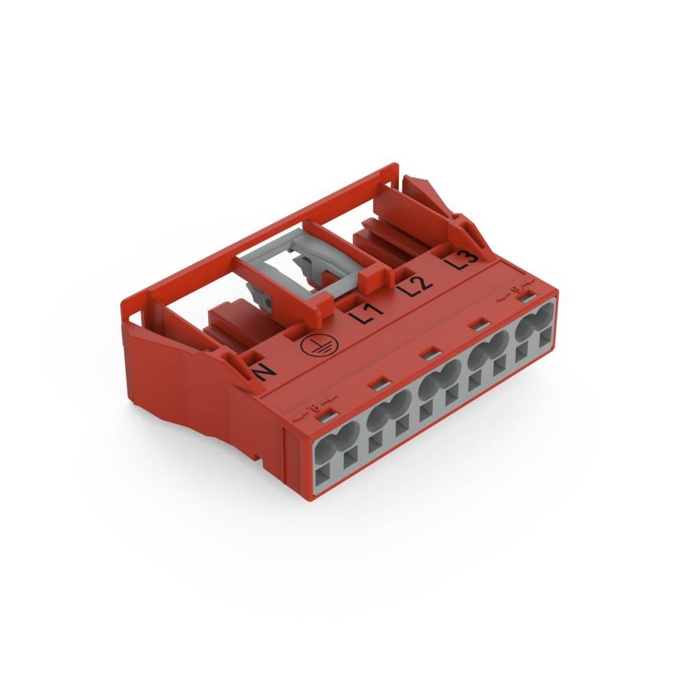 Ein roter elektrischer Anschluss mit mehreren Buchsen, beschriftet mit 'N', 'L1', 'L2' und 'L3', der zur Verbindung von Leitungen in elektrischen Installationen verwendet wird.