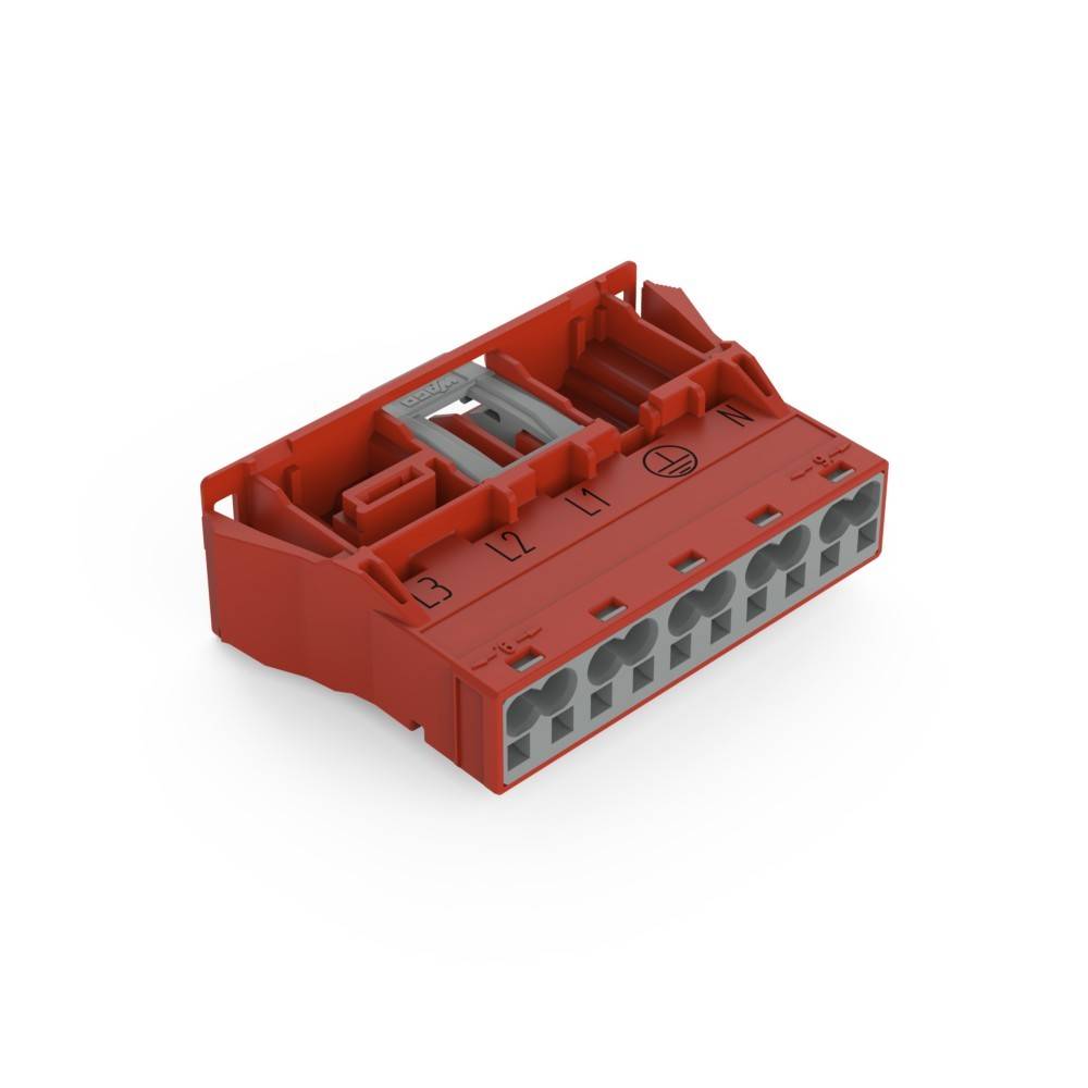 Roter elektrischer Anschlussblock mit mehreren Anschlüssen und nummerierten Schlitzen, wahrscheinlich für Verkabelung oder elektrische Installationen verwendet.